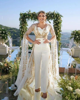 Elefántcsont és arany jumpsuit Kaftan esküvői ruhák menyasszonynak félujjú rátétek, édes nyak divat kaftán nadrág öltönyök 2023