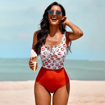 Eper mintás magas derekú bikini szettek fürdőruha nőknek Szexi különálló két darab Hasp Tank fürdőruha 2022 tengerparti fürdőruha