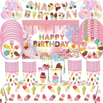 Fagylalt születésnapi zsúr dekoráció gyerekek babaváró eldobható étkészlet papírtányérok csészék léggömbök terítő party kellékek