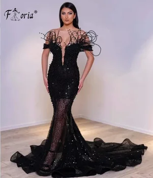 Fekete sellő formális estélyi ruhák abiye gyöngyös vállról levett szalagavató ruha Parti ruhák köntösök de soirée de luxe 2024