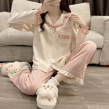 fodros hálóruha női pizsama szett patchwork hosszú nadrág öltöny 2 darab Piiama koreai stílusú teljes ujjú őszi zsebes éjszakai viselet