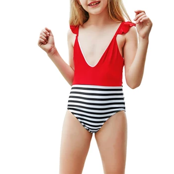 FS Aranyos lány Piros Zebra Print Stripe Monokini Ruffle Condole öv Fürdőruha V nyak Hát nélküli Gyermek fürdőruha One Piece Summer New
