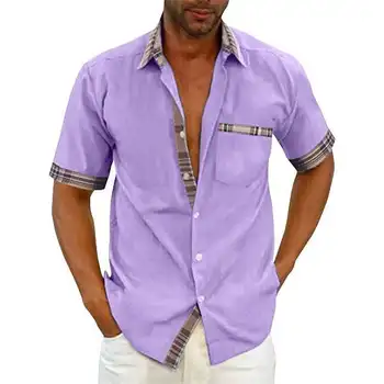 Férfi alkalmi kockás gallér gomb nyári ing férfi felső, lila