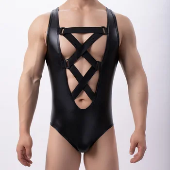 Férfi bodysuit szexi magas szabású tanga Leotard Jockstrap nedves megjelenésű bodycon alsóingek üreges Makini jumpsuit műbőr klubruházat
