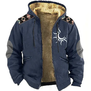 Férfi cipzáras kapucnis pulóverek Téli polár Parka kabátok ArmyGreen Tribal Graphics Jacket pulóverek Felsőruházat Kapucnis cipzáras kabátok