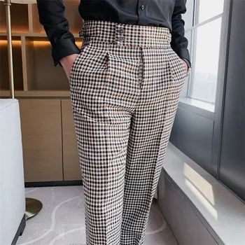 Férfi Kiváló minőségű Slim Business formális viselet Irodai nadrág Alkalmi Pantalon Homme Őszi téli vastag meleg kockás öltöny nadrág