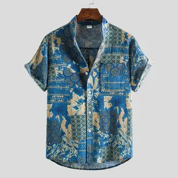 Férfi állvány Gallérblúzok Ingek Alkalmi rövid ujjú Hawaii ing Férfiak Summer Beach Streetwear ruházat Camisa Social Masculina