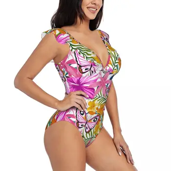 Fürdőruha Női One Piece fürdőruha Trópusi virágok Pillangók Női úszó Bikini Push Up Monokini Szexi fodros fürdőruha