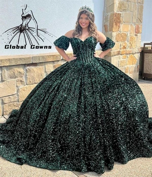 Green hercegnő le a vállbáli ruháról Quinceanera ruhák Flitteres celeb partiruhák Ballagási Csipke Vissza Vestido De