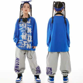 Gyerekek Hiphop táncjelmezek gyerekeknek Kék ingek Bő nadrág Öltöny Lányok Streetwear Fiúk Jazz Performance ruhák DN16121