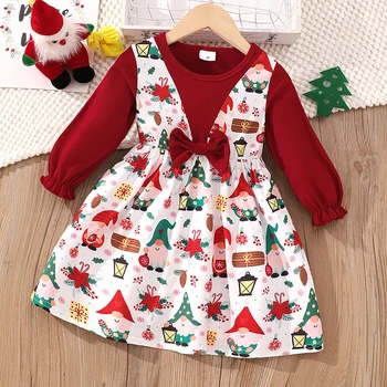 Gyereklányok karácsonyi ruha karácsony Mikulás nyomtatás kerek nyakú hosszú ujjú mini ruha elegáns masni dekoráció party ruha
