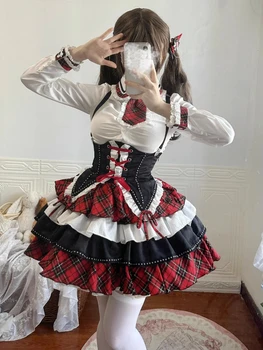 Gótikus punk stílusú Lolita miniszoknya öltöny Harajuku y2k kockás patchwork fűzős húzózsinóros többrétegű pom szoknya nők 3 db szett