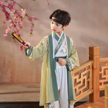 Hagyományos kínai hanfu ősi új ruhakészlet gyerek fiúnak hosszú ujjú Three Words alapozó hímzés Performance ruha