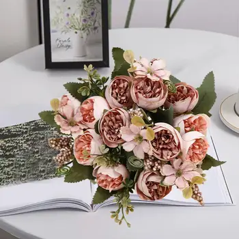 Hamis virágok Elegáns selyemrózsa elrendezés otthoni esküvői parti dekorációhoz Valósághű művirágok étkezőasztal díszéhez