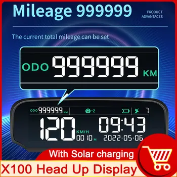 HD X100 napelemes töltő autó HUD GPS Head-up kijelző LCD digitális sebességmérő kilométer-számláló Idő Távolság Magasság Sebesség Riasztás