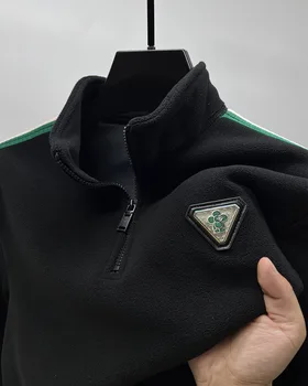 High end márka trend hímzés fél cipzáras álló nyakú pulóver férfi 2023 tél új alkalmi divat plüss sűrített pulóver