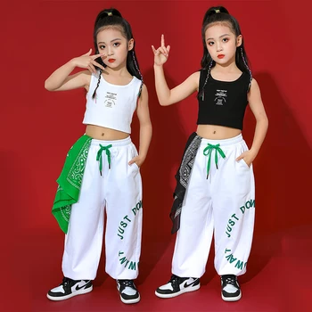 Hip Hop Practice Performance Outfit Nyári hiphop jelmez Lányok Kpop Jazz Dance ruhák Crop Mellény felsők Fehér melegítőnadrág