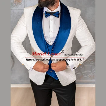 Hivatalos öltönyök Férfiak esküvőre Slim Fit bársony csúcsos Laple Blazer Jacquard virágos kabát mellény nadrág 3 darab Fashion Party Tuxedo