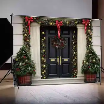 HOLD. QG fotózás háttér Karácsonyi veranda Piros arany fenyőkoszorú fa fotó háttér Fekete ajtó Bowknot Otthoni stúdió dekoráció