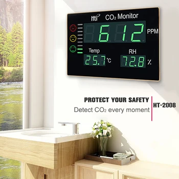 Hti falra szerelhető CO2 monitor HT-2008 Pávián-dioxid detektor otthoni beltéri levegőminőséghez hőmérséklet páratartalom teszter 0 ~ 9999PPM