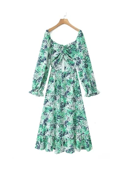 Hölgyek Vintage szögletes gallér Tavaszi hosszú ruhák divat zöld levél mintás női hosszú ujjú üreges magas derékú ruha
