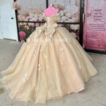 IRIDESCENT Báli ruha Csillogó vállon kívüli Quinceanera ruha Pillangó rátétek Vestidos de 15 születésnapi parti ruhák fűző