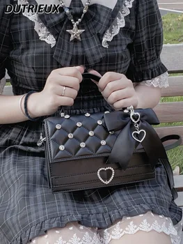 Japán bánya tömeggyártású szív alakú strassz hordozható crossbody négyzet alakú táskák Női édes lány fekete egyvállas táska