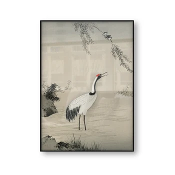 Japán művészeti plakát Daru Kano Motonobu Kínai festészet Daru madár vászon nyomtatás Fatömb falfestmény Art ázsiai faldekoráció ajándék