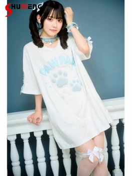 Japán stílusú Sweet Mine Series szőrös macskamancs közepes hosszúságú felső hölgyek Aranyos laza pamut rövid ujjú közepes hosszúságú pamut pólók