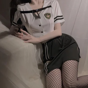 Japán Édes iskoláslány Szexi Split Temptation Rövid szoknya Mély V Mellszivárgás Női szerepjáték Rendőrségi egyenruha szett 4JVW