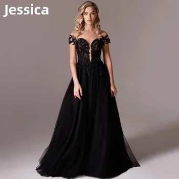 Jessica fekete báli ruhák csipke hímzés estélyi ruha gótikus esküvői ruha hivatalos alkalmak party ruhákفساتين السهرة2024