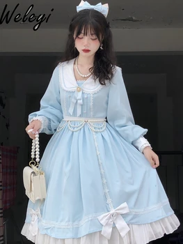 Jirai Kei ruhák Lolita hosszú ujjú ruha 2024 tavasz és ősz Új hercegnő édes tengerészkék gallér hosszú ujjú középhosszú ruhájú ruhák