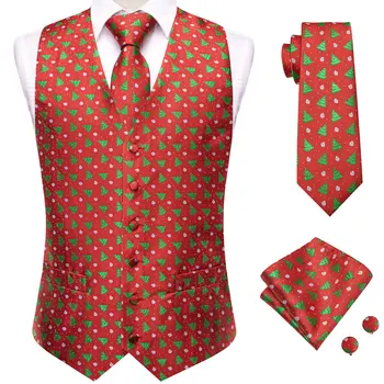 Karácsonyi férfi mellények piros zöld selyem nyakkendő Hanky mandzsettagombok szett Jacquard mellény kabát nyakkendő férfi üzlettervezőnek Hi-Tie