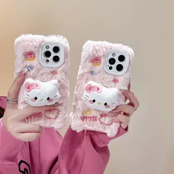 Kawaii Sanrio rajzfilm telefontok Aranyos Hello Kitty alkalmazható iPhone 15 14 13 12 11 Anime plüss rack telefontokkal Lány ajándék