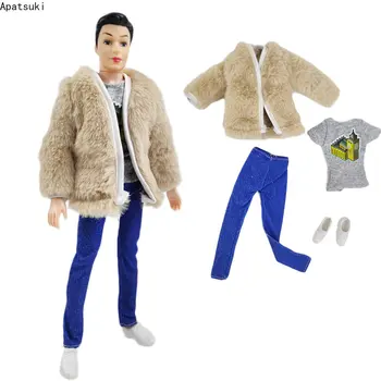 Khaki műszőrme 1/6 babaruha Ken Boy baba ruháknak Dzseki póló Farmer nadrág cipő Barbie barátjának Ken kiegészítők