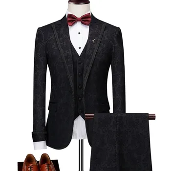 Kiváló luxus férfiak esküvői bankett csúcskategóriás öltöny Jacquard csipke Boutique karcsú blézerek kabát mellény nadrág 3 részes készlet