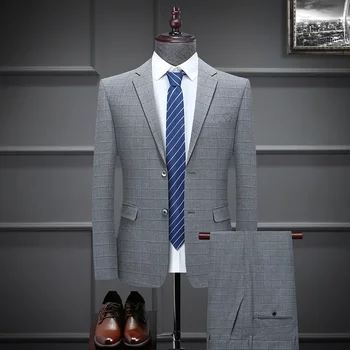 Kiváló minőség (blézer + nadrág) Férfi brit stílusú esküvői üzlet Egyszerű divat alkalmi Elegáns úriember öltöny Két darab