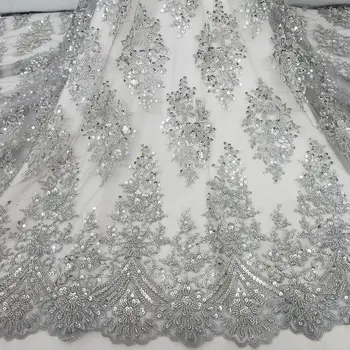 Kiváló minőségű ezüst 3D menyasszonyi hímzés csipke szövet esküvői ruhához gyöngyökkel és flitterekkel 5 yard HY2429