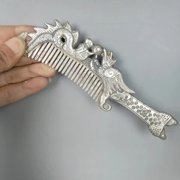 Kiváló érdekes kínai régi stílusú gyűjtemény Tibeti ezüst faragott sárkány és főnix fésű