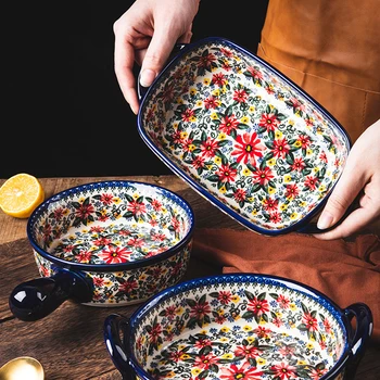 Konyhai étkészlet készletek Színes tányér Máz alatti kerámia Vacsora edények Desszerttálca Retro virág étkészlet Háztartás
