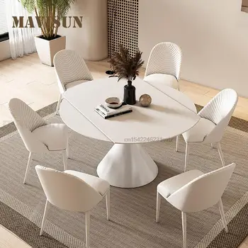 krémes stílus tiszta fehér kerek sziklatábla asztal stabil szénacél alap otthoni bútor multifunkcionális kabrió konyhaasztal