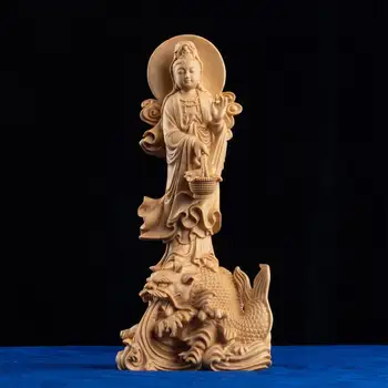 Kuan Yin virágkosárral díszített faszobor: gyönyörű víz témájú fa felület, klasszikus szobor, amely a kecsességet képviseli