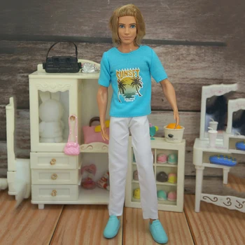 Kék 1/6 baba ruha szett Ken Boy baba ruhákhoz Naplemente kókuszfa póló Fehér nadrág Barbie barátjának Ken kiegészítők