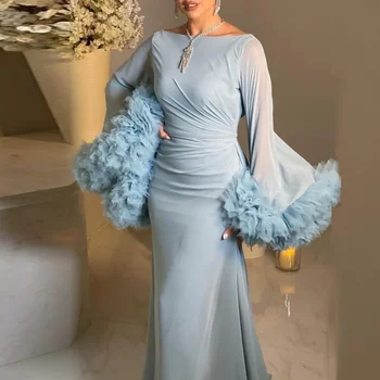 Kék sifon divat estélyi ruhák szaúdi arab fodros hosszú ujjú elegáns nők hivatalos esküvői parti ruhák Met gála este ro