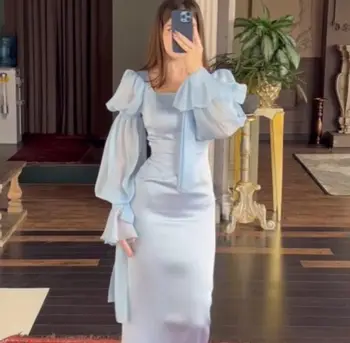 kék szögletes nyakkivágás hosszú ujjú estélyi ruhák bokáig érő báli ruhák Szaúd-Arábia női hivatalos ruha Új érkezők