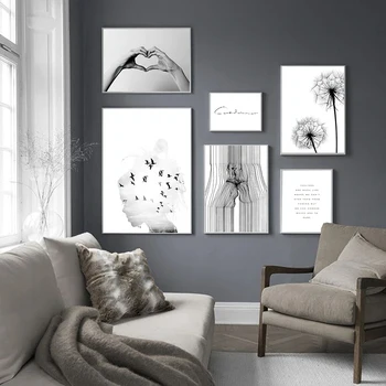 Kézi szerelem vászonfestés Fekete-fehér virágfal Művészeti plakát nyomtatás Nordic Fashion Pictures Párok szerelmeseinek szoba dekorációja
