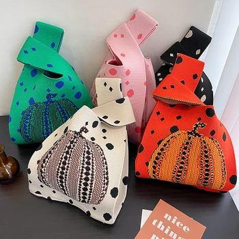 Kézzel készített kötött kézitáska női Mini csomó Csuklótáska Női alkalmi szín Széles csíkos kockás táska Diák újrafelhasználható bevásárlótáska