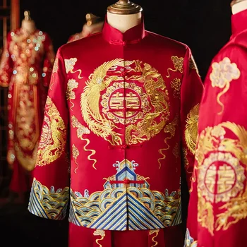 Kínai hagyományos menyasszonyi vőlegény esküvői ruha Kiváló Főnix hímzés Tang öltöny Férfi női bankett sárkány Főnix ruha
