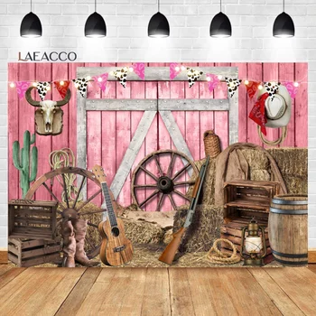 Laeacco Western Cowgirl Party háttér rózsaszín nyugati rusztikus faház pajta lány baba születésnapi portré fotózás háttér