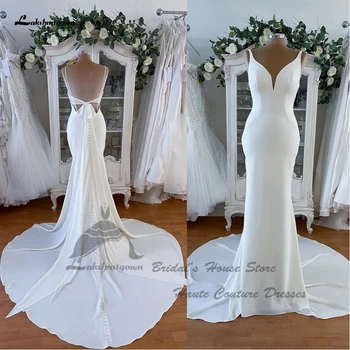 Lakshmigown Egyszerű krepp sellő Boho esküvői ruha nyitva 2023-ban Vestidos szexi menyasszonyi strandparti ruhák Spagetti pántok
